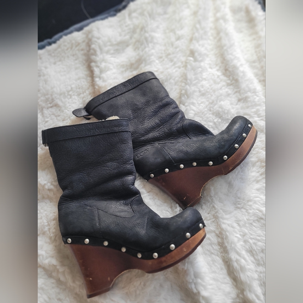 Women's Black Leather Boots with Wooden Heel Ugg boots